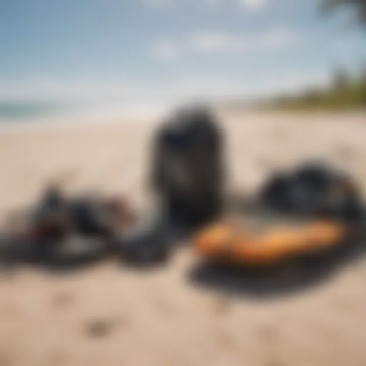 Kiteboarding equipment laid out on a pristine beach in Key Biscayne