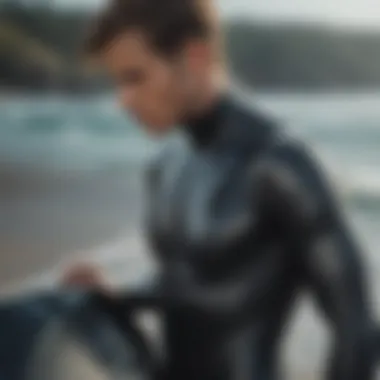 Surfer checking wetsuit for fit