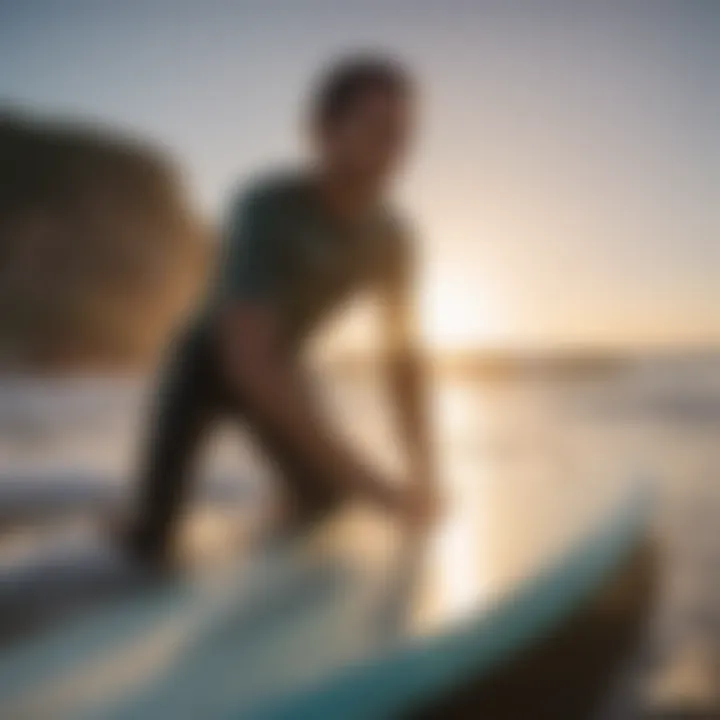 Surfer waxing surfboard