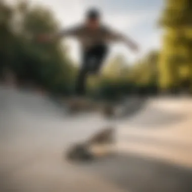 Skateboarder performing an ollie trick in a skate park