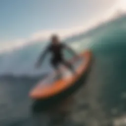 A dynamic view of a foam surfboard riding a wave