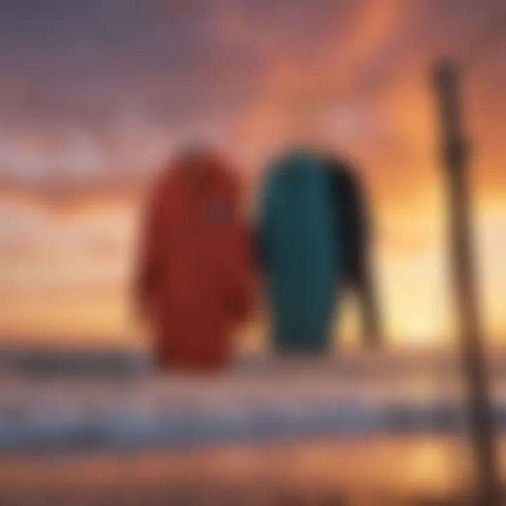 Vibrant surf brand clothes hanging on a line against a colorful sunset sky