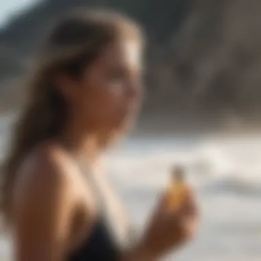 A lifestyle shot of a surfer enjoying the beach with the perfume in hand