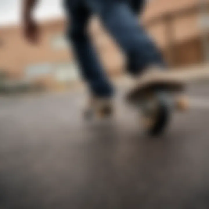 Close-up of longboard wheels in motion during a dance routine