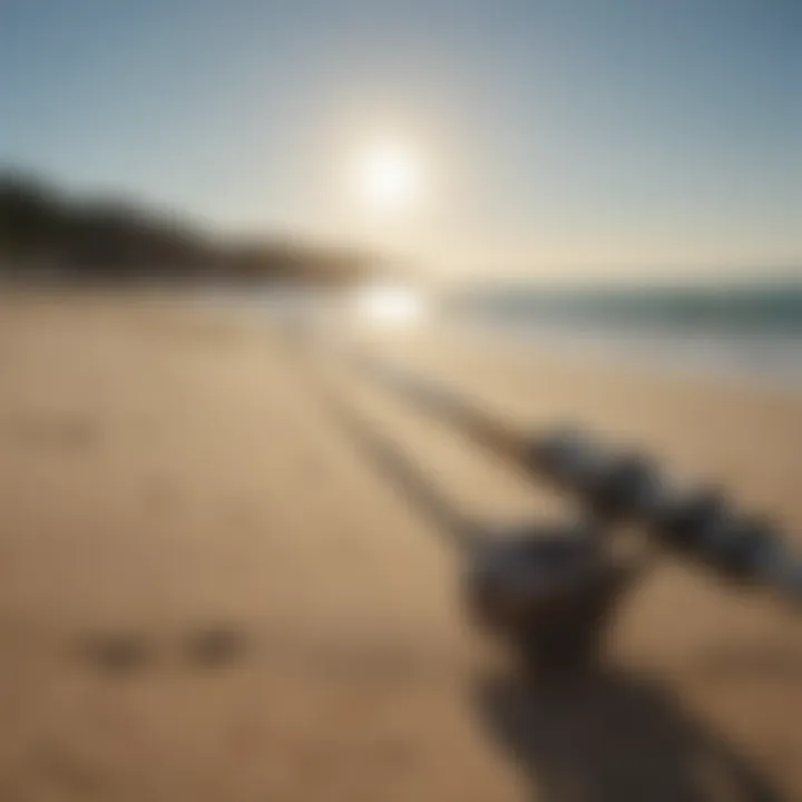 A sleek surf fishing rod propped against a sandy beach backdrop