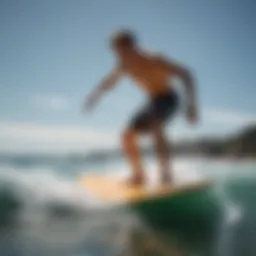 A sleek fiberglass skimboard gliding over the water