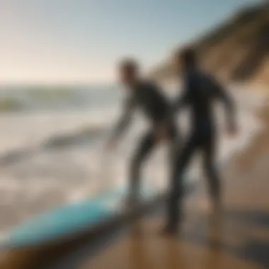 Surf instructor teaching a student on a sunny beach