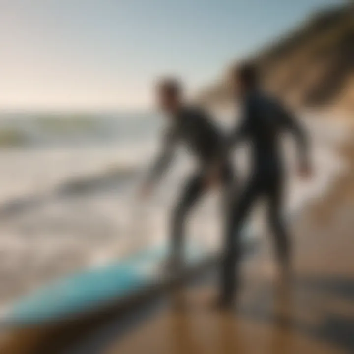 Surf instructor teaching a student on a sunny beach