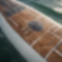 A close-up of a big wakesurf board showcasing its intricate design and fin setup.