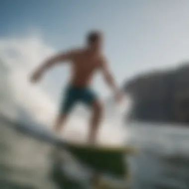 A surfer demonstrating a dynamic move while wearing high-performance board shorts.