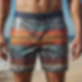 An array of vibrant board shorts showcasing various designs and patterns.