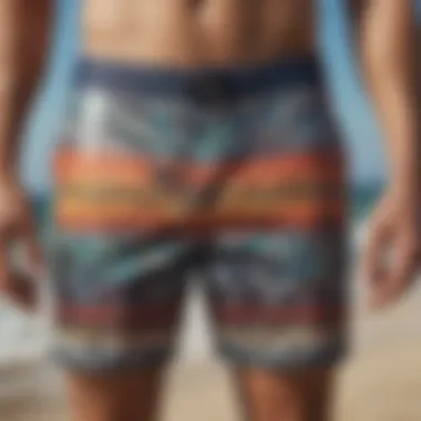 An array of vibrant board shorts showcasing various designs and patterns.