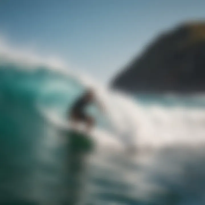 A skilled bodyboarder riding a wave in a picturesque ocean setting