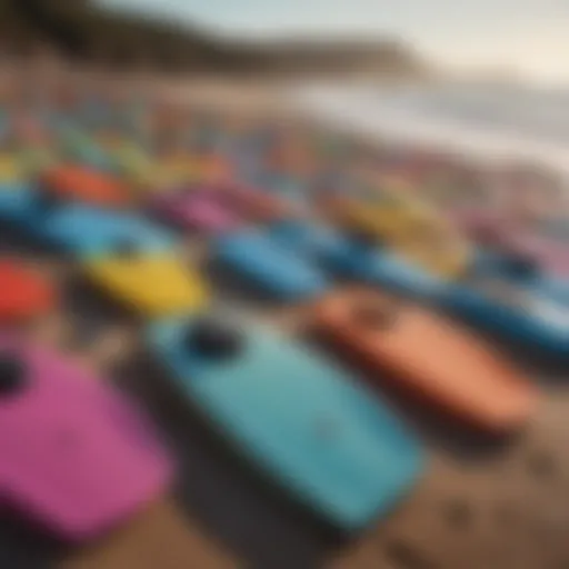 A vibrant array of bodyboards displayed on a beach