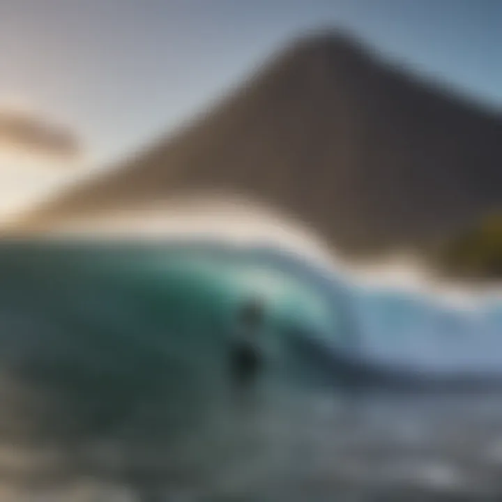 Surfer catching a wave with volcanic backdrop