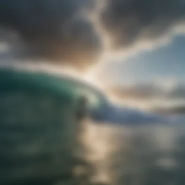 Surfer catching a wave with a dramatic sky in the background