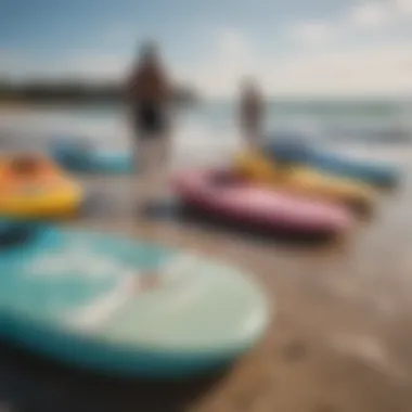 Different designs of fiberglass boogie boards on display