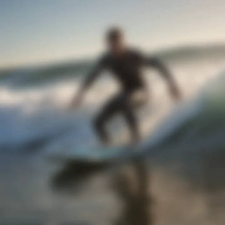 A surfer riding a wave on a fiberglass boogie board