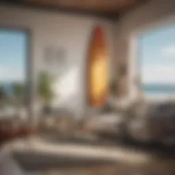 Stylish surfboard wall rack in a modern living room