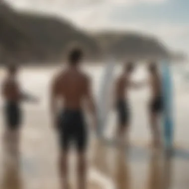 Group of surfers discussing app data on the beach