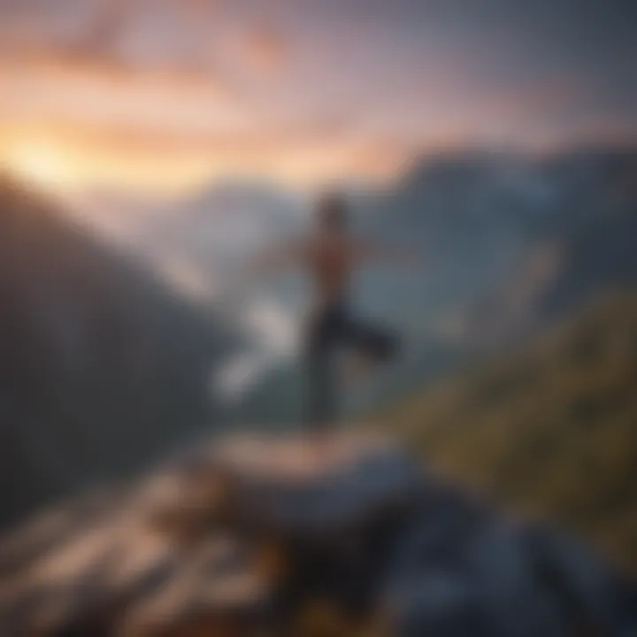 Person practicing yoga on a mountain peak with a stunning view