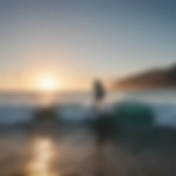 A serene beach setting with hydrofoil surfers enjoying the ocean waves.