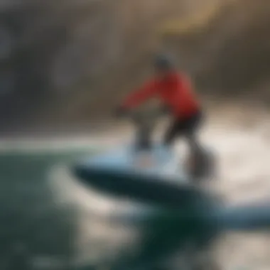 A group of enthusiasts testing motorized hydrofoils in a scenic coastal setting.