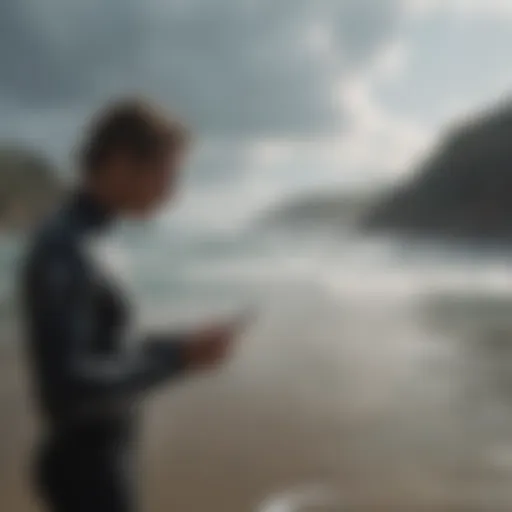 Surfer examining weather forecast on smartphone