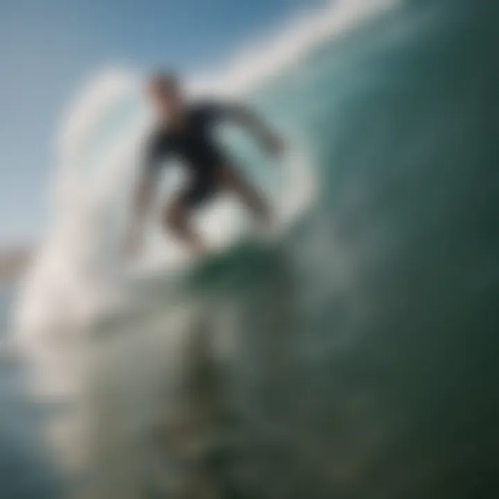 Surfer riding a wave, demonstrating truck performance in action.