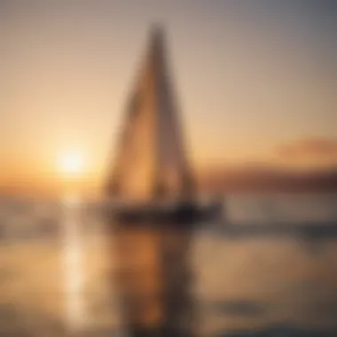 A picturesque sunset reflecting on the water with kite foilers in the background.