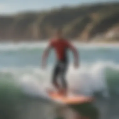 Surf instructor guiding a student through a wave