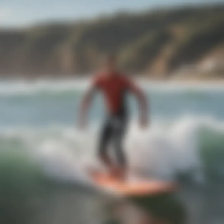 Surf instructor guiding a student through a wave