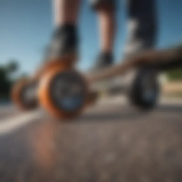 Close-up of longboard wheels and trucks highlighting performance features