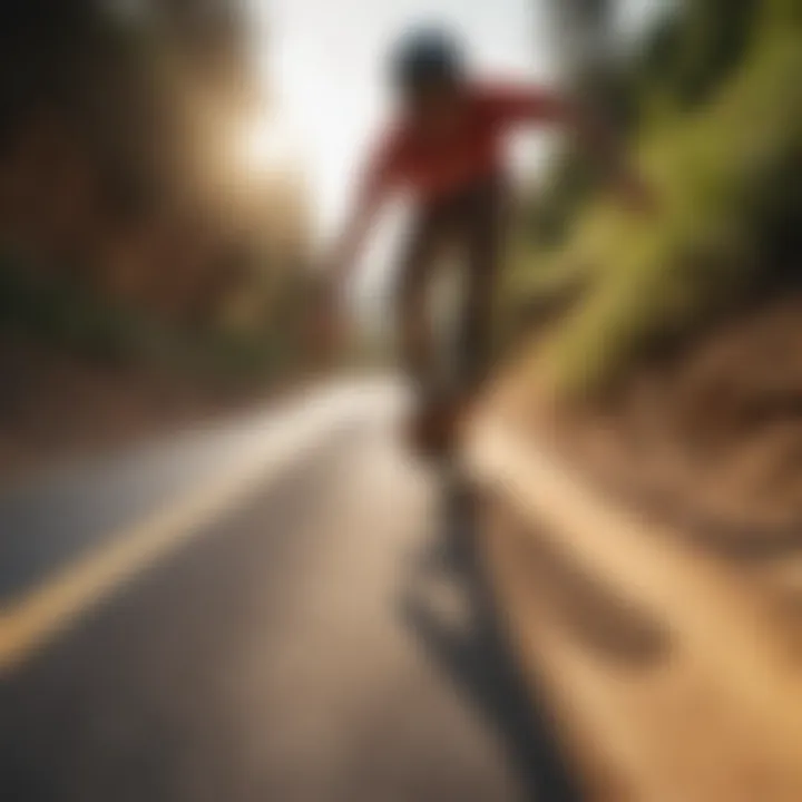 A scenic view of a longboarder carving through a smooth downhill path.