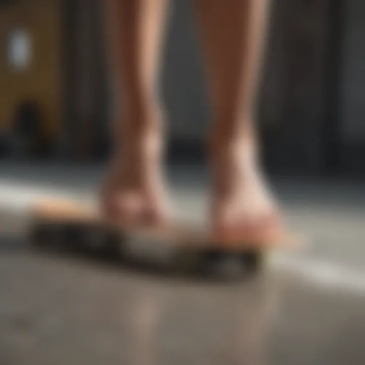 Close-up of the ten-toes stance on a longboard showing foot placement.