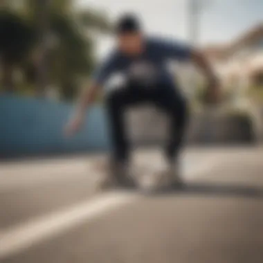 An expert longboarder performing a trick while maintaining the ten-toes stance.