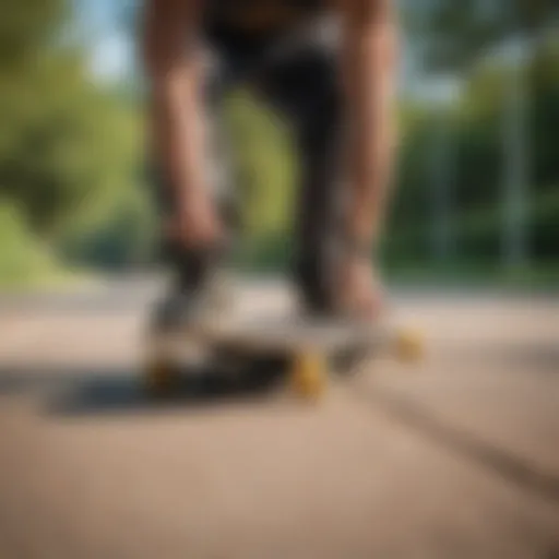 A longboard rider demonstrating the ten-toes stance in a park.