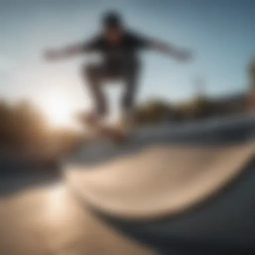 Skateboarder performing a stylish trick on the mini ramp halfpipe