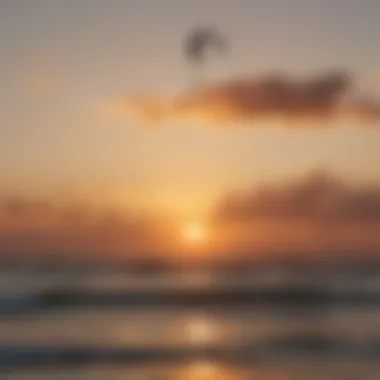 A picturesque sunset view of kite surfers riding the waves