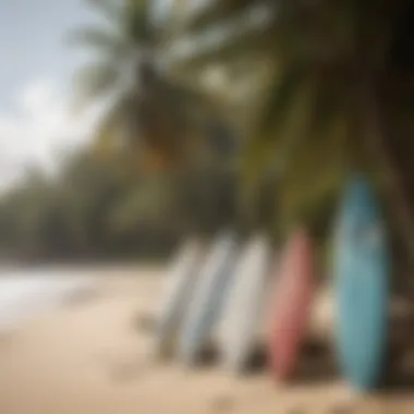 Tropical beach with surfboards lined up against palm trees