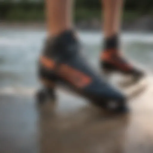 Close-up view of high-performance skating shoes on a surfboard