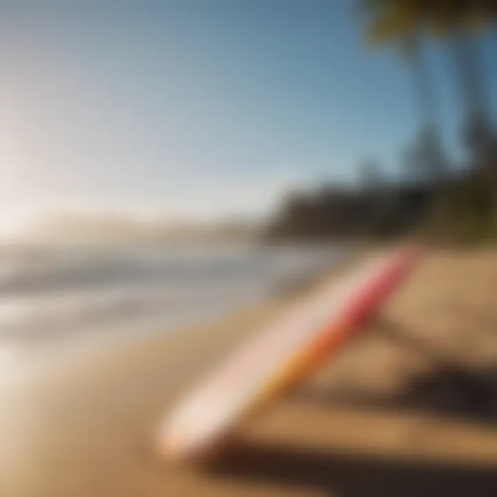 A surfboard leaning against a vibrant beach umbrella