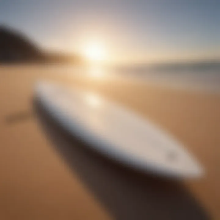 Surfboard resting on the golden sands of San Carlos