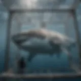 A diver observing a great white shark through the cage.