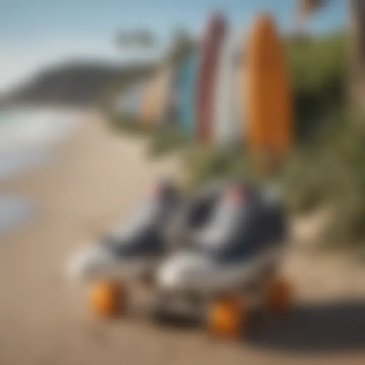 Skate shoes displayed against a backdrop of surfboards by the shore