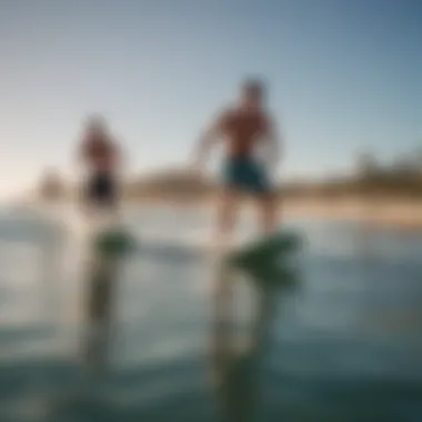 A group of friends having fun while skimmer boarding together.