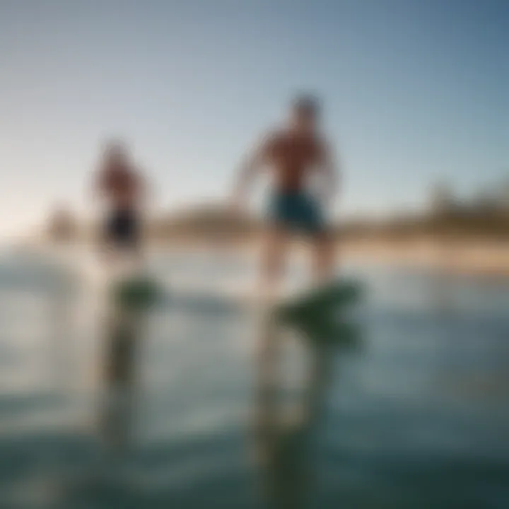 A group of friends having fun while skimmer boarding together.