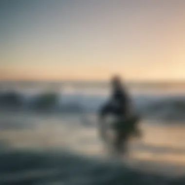 A surfer in a meditative pose on a surfboard amidst gentle waves