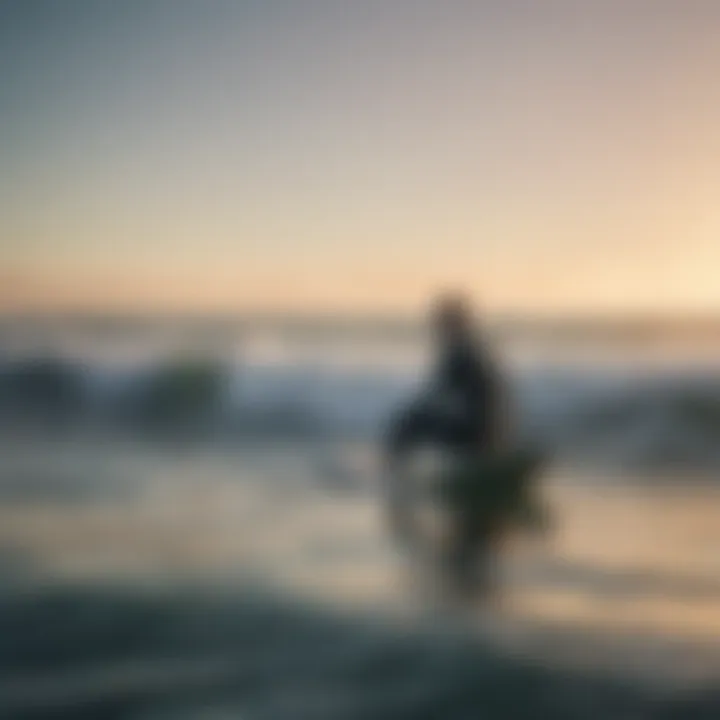 A surfer in a meditative pose on a surfboard amidst gentle waves