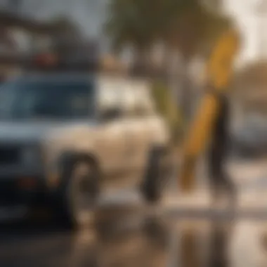 An action shot of a surfer loading a surfboard onto a suction rack on a vehicle.